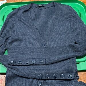 Zara Knit Women Blue Gray Ribbed Button Down V-Neck Long Sleeve Dress Size M